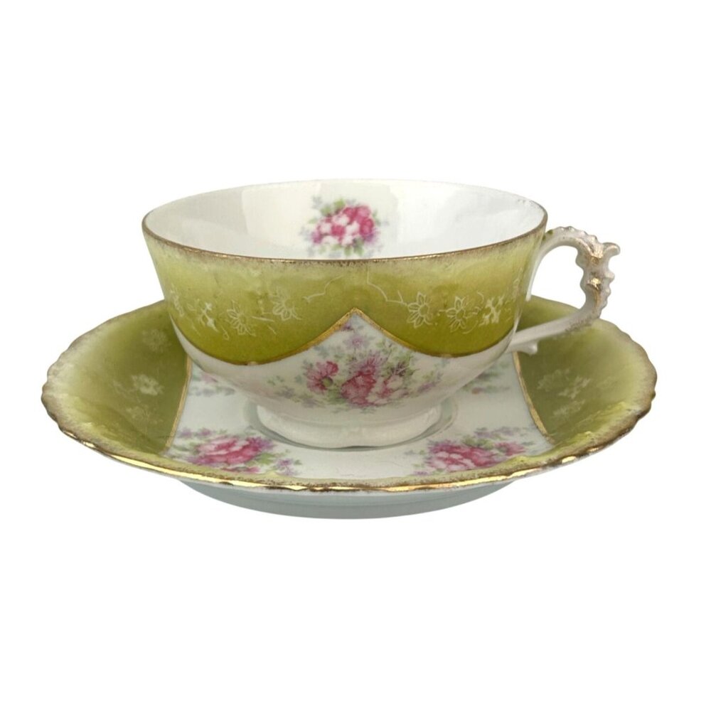 Excelsior Austria Porcelain Teacup & Saucer Green Pink Floral Victorian